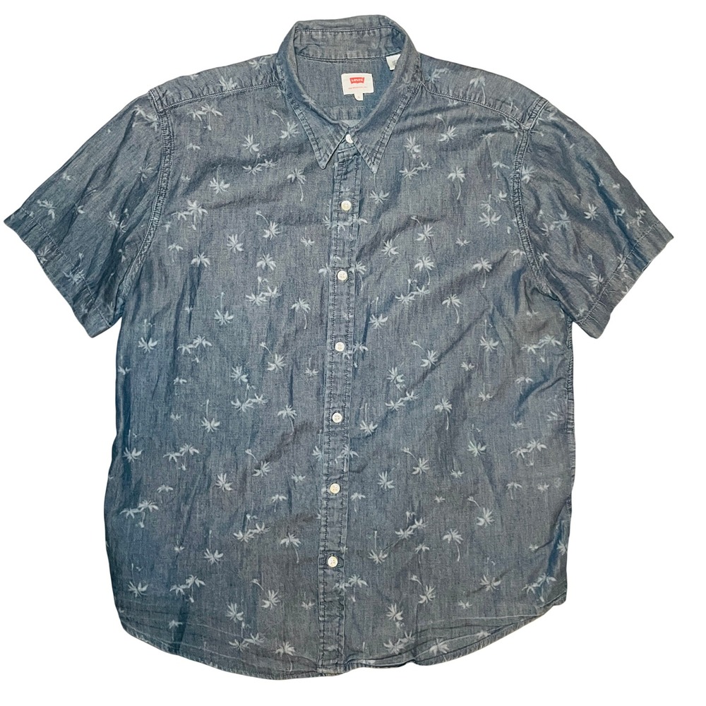 Levis Button Down Shirt Mens XL Blue Palm Tree Print Short Sleeve Cotton Denim